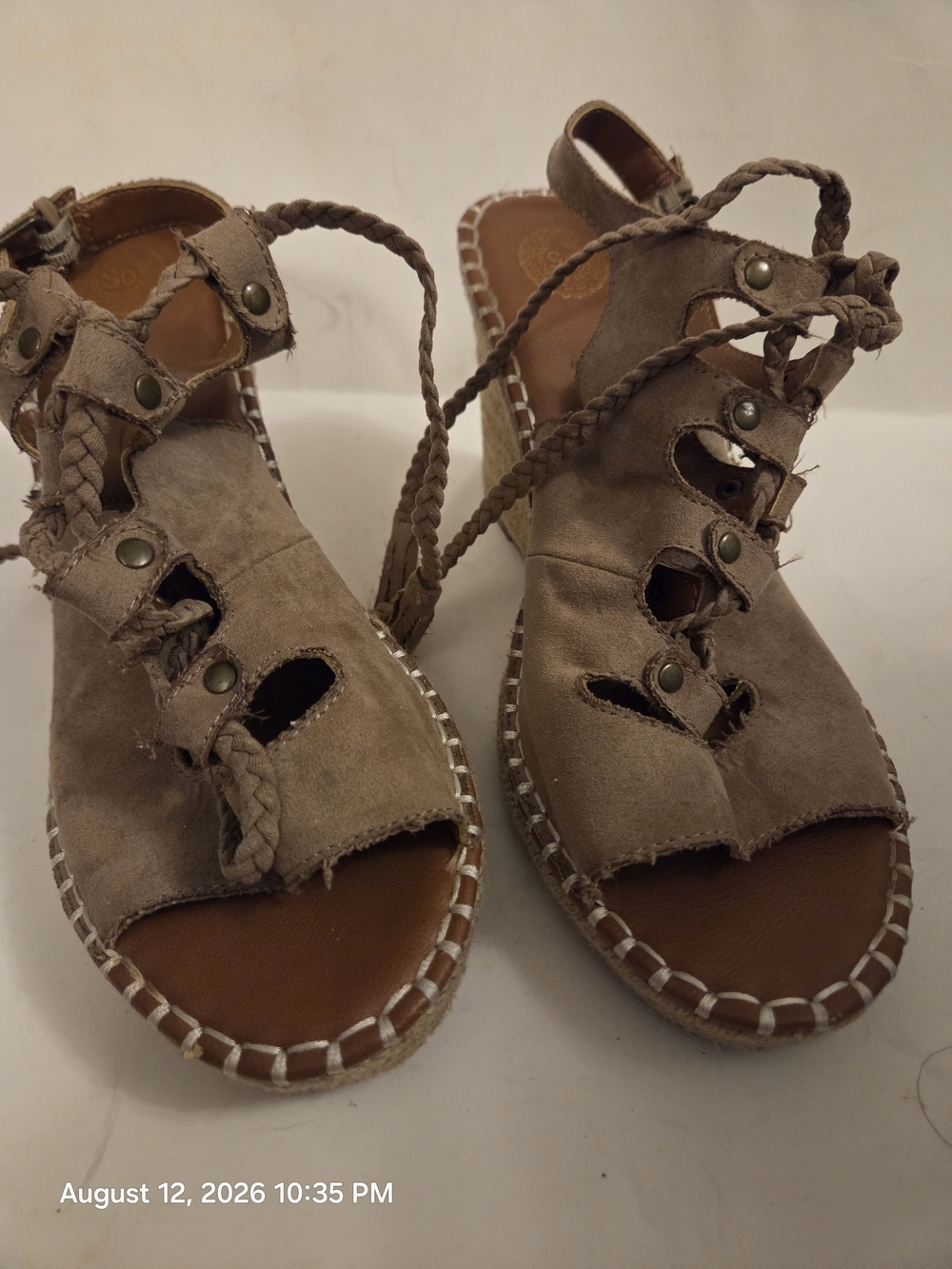SO Taupe Suede Lace-Up Espadrille Wedges - Picture 1 of 7